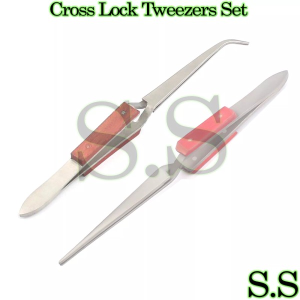 S.S Cross Lock Tweezers Self Closing Fiber Grip 6-1/2" Set