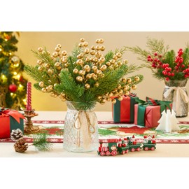 NUKAYAI 60Pcs Artificial Pine Branches Christmas Holly Berry Stem Gold Flowers Evergreen, 13.6" Fake Cedar Needles Foliage Greenery Pine Stems for Garland Wreath DIY Crafts Christmas Tree Decoration