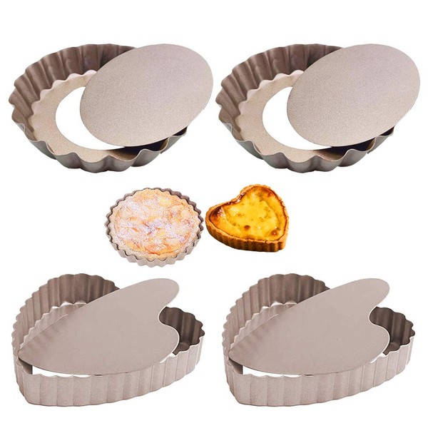 SwirlColor Mini Tart Tins 4pcs, 4in / 10cm Removable Bottom Tart Mould Non-Stick Trt Tins Round Heart Shape Flan Tin for DIY Baking Desserts