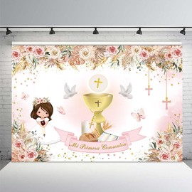 MEHOFOND 7x5ft Boho Mi Primera Comunion Backdrop for Girls Baptism First Holy Communion Christening Photography Background Gold Bless Ceremony Pink Floral Pampas Photo Studio Props