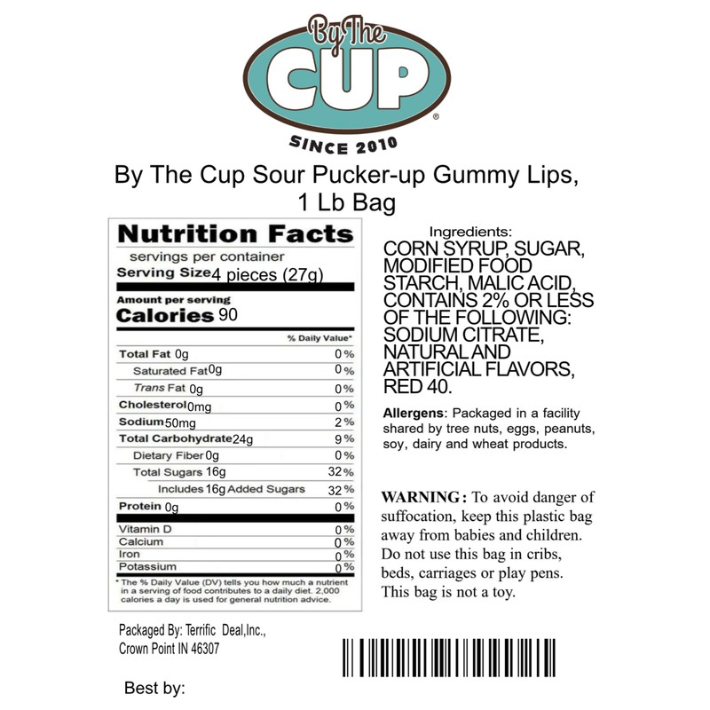 By The Cup Sour Pucker-up Gummy Lips, 1 lb Bulk