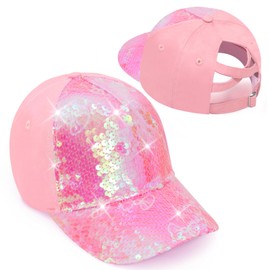 BROMZ Girls Glitter Sequins Baseball Cap Kids Ponytail Hat Adjustable Summer Mesh Trucker Hats for 4-12 Years Pink