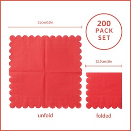 200 Pack Cocktail Napkin 2-Ply Scalloped Edged Dessert Napkins Folded 5 x 5 Inches Disposable Napkins for Dinner Wedding Birthday Party Bridal Anniversary Reception Event (Red)