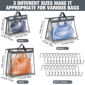 Chumia 20 Pack Dust Bags for Handbags Clear Handbag Storage Organizer, 3 Sizes Purse Storage Organizer for Closets Dust Cover Purse Protector Bag with Zipper and Handles with 25 Pcs S Hooks(Grey)