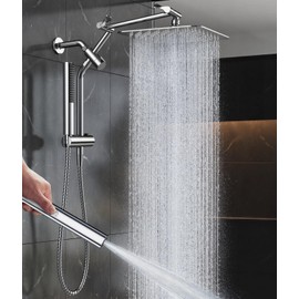 Veken All Metal 10" Shower Head with Handheld, Luxurious Square Double Rain Shower Heads with Spray Combo, Dual High Pressure Detachable Rainfall Showerhead with Extension Arm, Long Hose,Chrome,Sliver