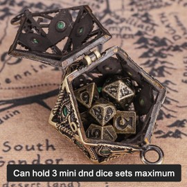 SUDESMO Mini Metal DND Dice Set Hollow D20 Necklace Dice DND Case Metal Dice Set DND Keychain 7PCS Dice Set Bronze Green