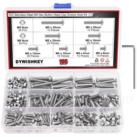 DYWISHKEY 195 Pieces M5 x 6mm/8mm/10mm /12mm/16mm/20mm/25mm/30mm Stainless Steel 304 Hex Button Head Cap Bolts and Nuts Kit