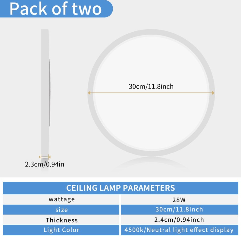 Mikeru 2pack White Ceiling Light, 30cm Contemporary Ceiling Lights 4000k