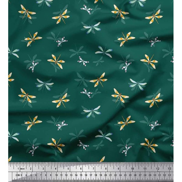 Soimoi Green Rayon Fabric Dragonfly Insects Printed Fabric 1 metre