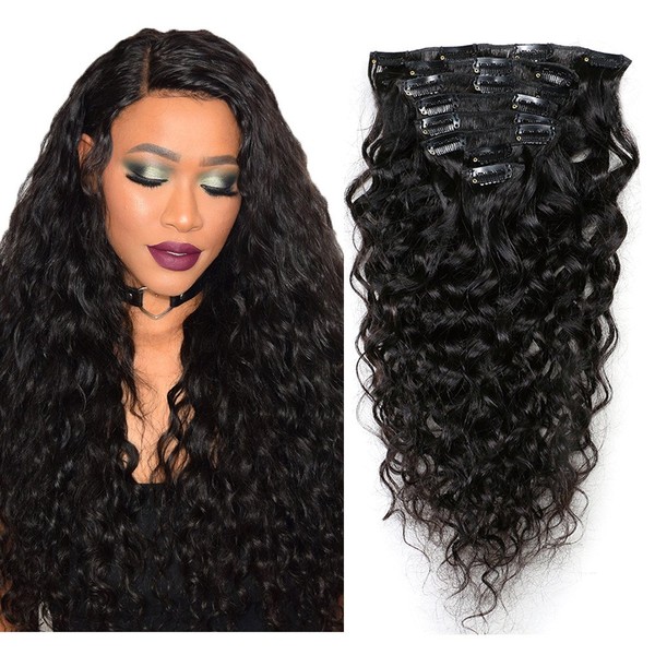 Mila Clip-In Real Hair Extensions Brazilian Virgin Natural Wave Real Hair Natural Black 1B 120 g 14 inch/35 cm
