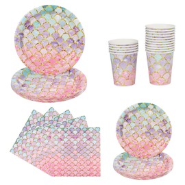 68Pcs Mermaid Party Tableware Set - Includes Disposable Dinner Plate Dessert Plate, Paper Cups, Napkins, Cutlery - Ocean Theme Party
