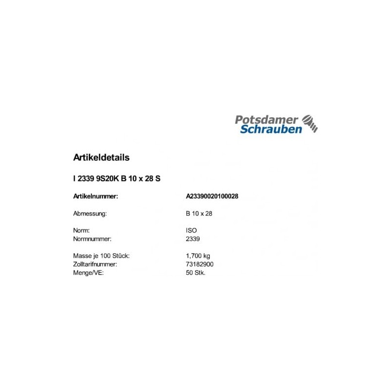 50 Taper Pins ISO 2339 9S20K B 10 x 28