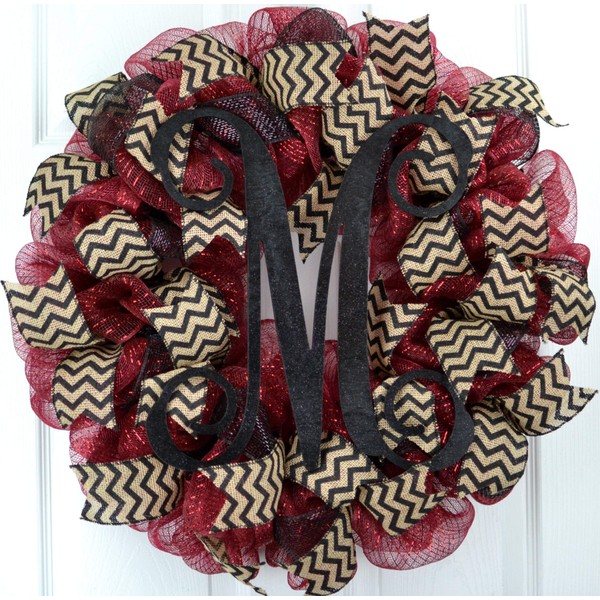 Maroon Vine Monogram Mesh Door Wreath - LOTS OF COLORS!!