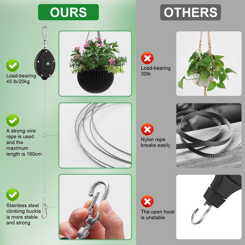 4 Pack Heavy Duty Retractable Plant Hangers, Adjustable Pull-Down Pulleys