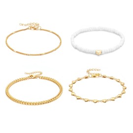 Ryaupy Gold-Plated Women's Boho Beads Anklet Fashion Multilayer Gold Heart Anklet Waterproof Adjustable Beach Foot Jewellery for Women and Girls (Gold, Pack of 3), Metal