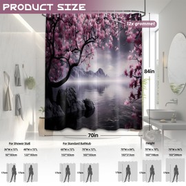 Yieldeer Japanese Shower Curtain Asian Cherry Blossom Bathroom Decor Mountain Bath Curtain, Waterproof Cloth Fabric with Hooks, 70x84 inch
