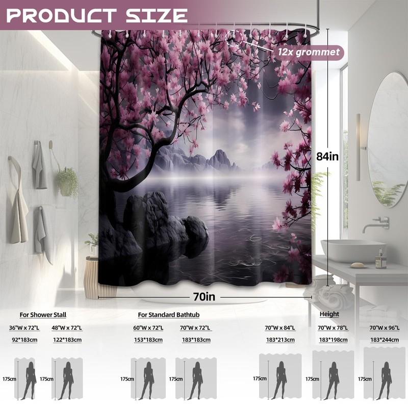 Yieldeer Japanese Shower Curtain Asian Cherry Blossom Bathroom Decor Mountain
