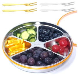 VAlinks Divided Serving Tray with Lid SUS 304 Snackle Box Reusable Veggie Tray Serving Plate with 4 Forks Stainless Steel Snack Platter for Picnic Party and Travel 5 Compartments