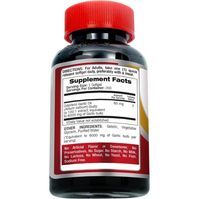 Garlic Pills 6000 mg Equivalent 200 softgels Organic Garlic 200