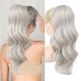 REECHO Ponytail Extension, Drawstring Ponytail Extension Long Wavy Layered Pony Tails Hair Extensions 22inch Natural Clip in Synthetic Hairpiece for Women, Silver Gray