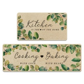 Tayney Summer Eucalyptus Leaves Kitchen Rugs and Mats Non Skid Washable Set of 2, Green Plant Mats for Floor, Farmhouse Runner Rug Rustic Kitchen Decor