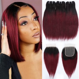 1b/99j Ombre Bundles with Closure(10 10 10+10) Brazilian Straight Bundles Human Hair Red Burgundy Short Bob Human Hair 3 Bundles with 4x4 Lace Closure 50g/bundle