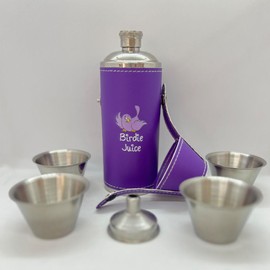 Birdie Juice 8 oz Purple Flask With 4 Shot Glasses & 1 Funnel