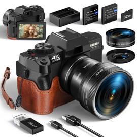 Monitech Digital Camera for Photography and Video,4K 48MP Vlogging Camera for YouTube with 180° Flip Screen,16X Digital Zoom,52mm Wide Angle,Leather Hold & Strap, 2 Batteries, 32GB TF Card
