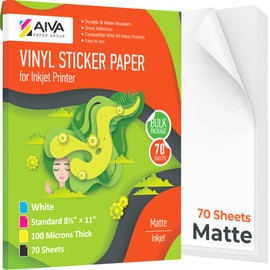Printable Vinyl Sticker Paper - Waterproof Decal Paper for Inkjet Printer - 70 Self-Adhesive Sheets - Matte White - Standard Letter Size 8.5"x11"