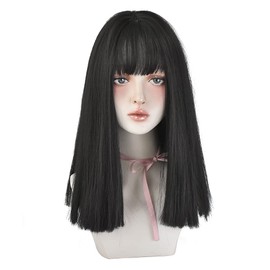 HUAISU Long Black Straight Hair Wig with Bangs Synthetic High Density Long Hair Wig for Women (Natural Black, 18inch)