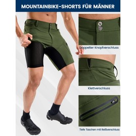 Nepest Men’s Mountain Bike Shorts with 3D Padded MTB Bicycle Riding Cycling Shorts Padding Liner Baggy Quick Dry Lightweight,Zip Pockets Army Green,L