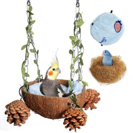 PINVNBY Natural Coconut Shell Bird Nest Bird Nest for Cage Coconut Fiber with Warm Pad Coconut Hide Bird Swing Toys for Bird Conure,Budgie,Cockatiel,Lovebird,Sugar Glider, Canary,Hamster
