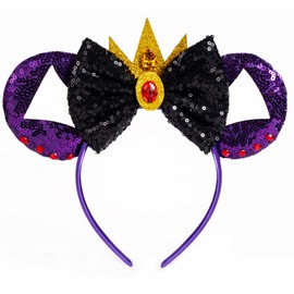 WW-WONDERFULWORLD Shiny Mouse Ears Headbands With Grey Bows & Crown & Sequin, for Evil Queen Costume Cosplay Glitter Party, Purple; 5XE