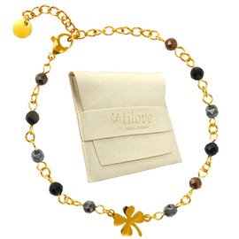 Tilove Natural Stone Bracelet Triple Protection Healing Stone for Women with Clover Lucky Charm Stainless Steel Tiger Eye Black Obsidian Hematite Chakra Bracelet Gift Idea 16cm+5cm, Stainless Steel,