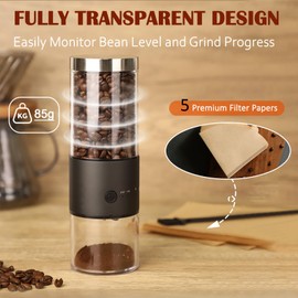 Portable Electric Burr Coffee Grinder with 80-Setting Precision, Fully Transparent Design, and Premium Filter Papers – Perfect for Espresso, Pour-Over, Travel & Office