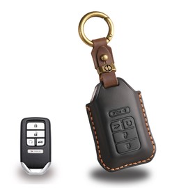 Leather Key Fob Cover with Keychain Compatible with 2016-2022 Honda Accord Civic CRV Pilot Ridgeline Passport (BLACK)