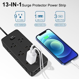 Surge Protector Power Strip, 9 AC Outlets with 4 USB Ports (1 USB C), 1250W/10A with 3.9FT Extension Cord Flat Plug Wall Mount with Sided Power Strips, Outlet Extender for Home Travel Office