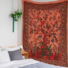 Craft Trade Tree of Life Tapestry for Bedroom Hippie Wall Hanging Tapestries for Living room Indian Bedspread Tie Dye Cotton Wall Tapestry Dorm Decor Decorative - Orange, 84x90 Inches