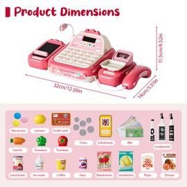 SGZIOO 52PCS Play Till Cash Register Children, Cash Register for Kids, Kids Tills, Toy Till Cash Register with Scanner, Play Till with Music, Credit Card, Money, Food, Microphone, for Boys Girls