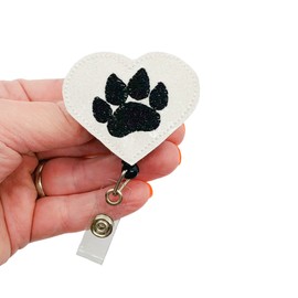 Animal Paw Print Badge Reel, Retractable Heart ID Holder, Veterinary Name Tag Clip