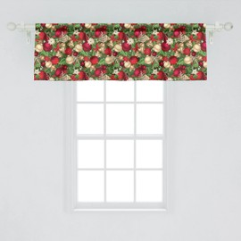 Ambesonne Christmas Window Valance Pack of 2, Tree Branches Spruce Leaves Balls Bells Cones Poinsettia Flowers Mistletoe Berry, Rod Pocket Curtain Valances for Kitchen Bedroom, 54" X 18", Ruby Green