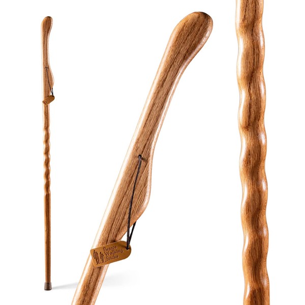Brazos Handcrafted Wood Walking Stick, Twisted Oak, Hitchhiker Style Handle, for Men & Women, Made in the USA, Tan, 55"