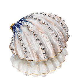 YU FENG Seashell Figurine Trinket Box Hinged Crystals Jeweled Painted Enameled Collectible Ocean Jewelry Box(Dark Blue)