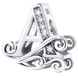 Alphabet Initial Charms Complete A-Z Letters S925 Sterling Silver with Cubic Zircons DIY Bead Charms Bracelet Necklace Pendant Jewelry Birthday Christmas Gifts for Women Girls, Silver Metal, Cubic Zirconia
