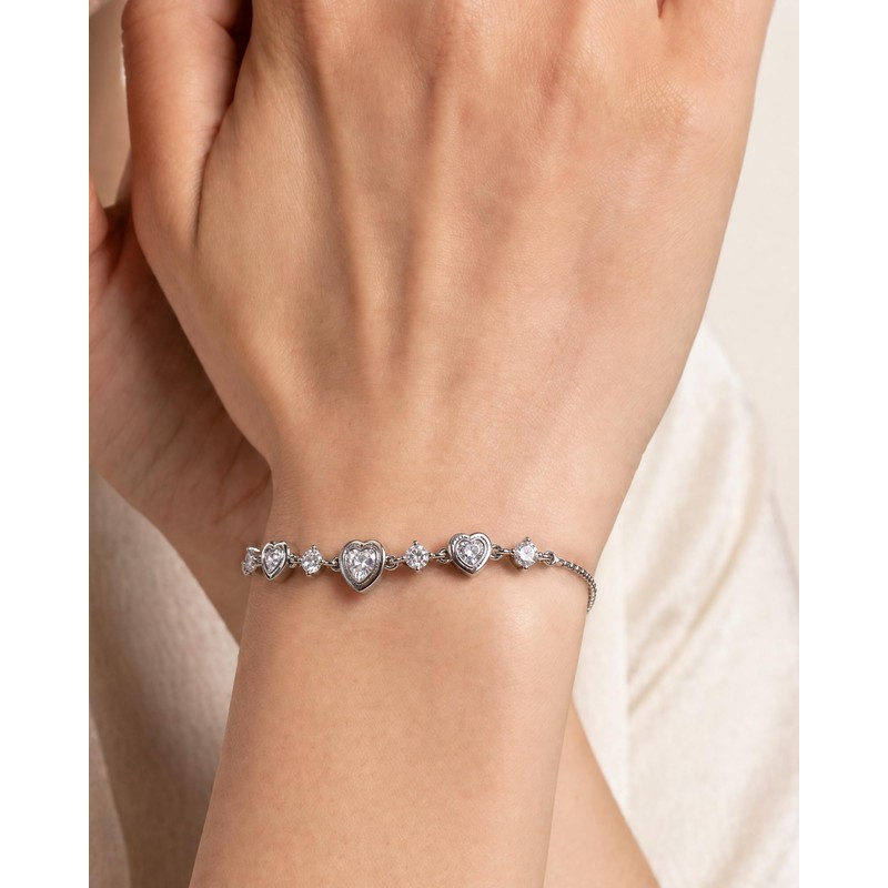 Silver Adjustable Cubic Zirconia Heart Bracelet for Women, Dainty Stackable
