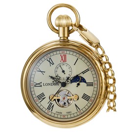 Tiong London Tourbillon Moon Phase Design Mechanical Pocket Watch Copper Steampunk Men's Pocket Watches with Chain for Men