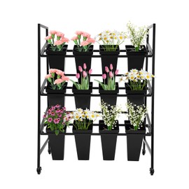SuiYuLn 3 Tier Plant Stand with Wheels Heavy Duty Garden Cart Display,Flower Shelf with 12pcs Plastic Buckets for Patio Garden, Living Room,Clubs (Black)