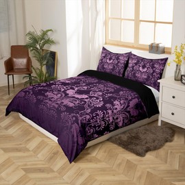 Homewish Adults Damask Gothic Bedding Set Antique Victorian Duvet Cover Single,Vintage Floral Goth Comforter Cover Bat Bed Set,Bats Sugar Skull Bone Skeleton Bohemian Baroque Decor,Purple Lilac