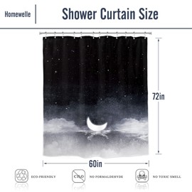 Homewelle Night Starry Sky Moon Phase Shower Curtain Black Dark Navy Cloud Stars 60Wx72H Inch White New Moon Sparkly Shiny Galaxy Space Lake Fantasy Goth Polyester Fabric Bathroom Bathtub