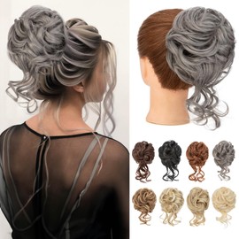 Benehair Messy Bun Hair Piece Wavy Curly Claw Clip Hair Bun Extensions Synthetic Hair Bun Donut Accessories Scrunchies Hair Pieces for Women(Black mix Grey, 75g)
